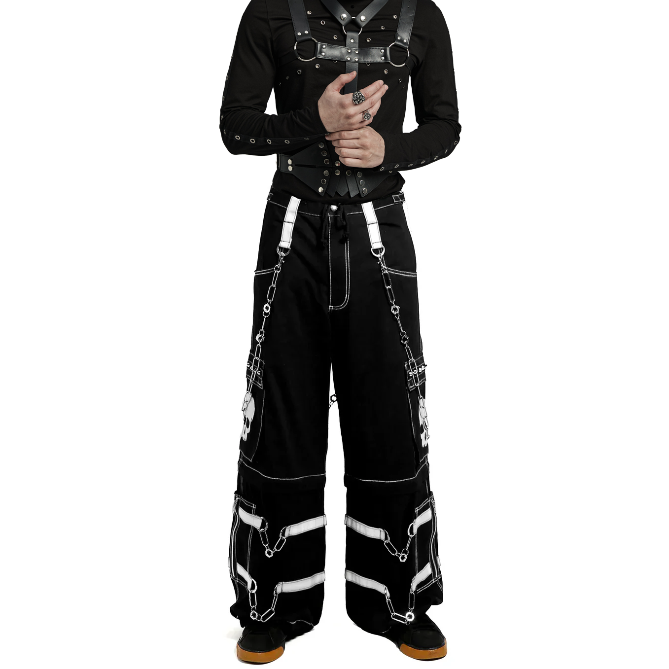 Gothic Bondage Black Skull Zip Off Pants Black & Amp White Alternative Punk Rock Emo Trouser Pant Usa
