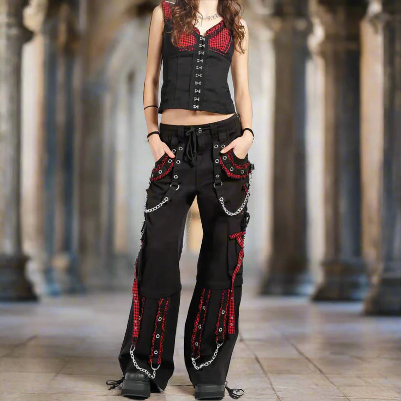 EXTREME BONDAGE GOTHIC PUNK ROCKER CYBER GOTH RED & BLACK STEAMPUNK BIKER PANTS