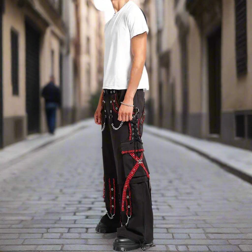 EXTREME BONDAGE GOTHIC PUNK ROCKER CYBER GOTH RED & BLACK STEAMPUNK BIKER PANTS