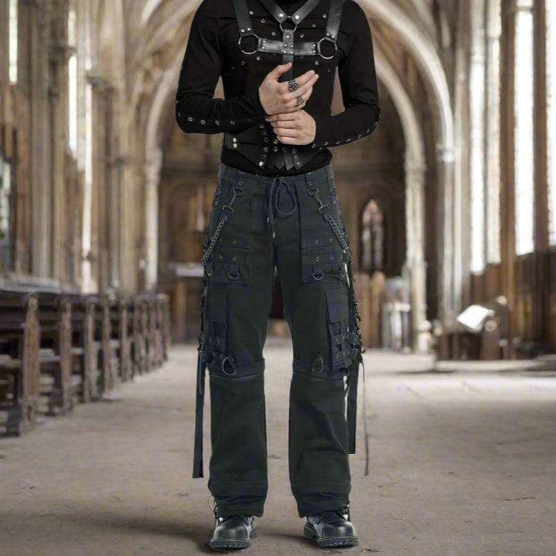 Gothic Bondage Cargo Rock Black Punk Buckle Zips Chain Strap Trousers Emo/ Pants