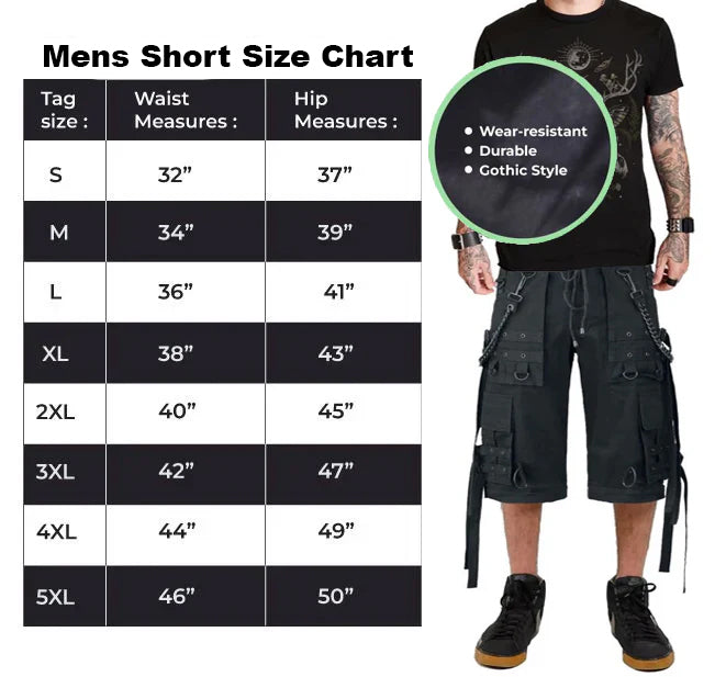 Gothic Bondage Cargo Rock Black Punk Buckle Zips Chain Strap Trousers Emo Shorts