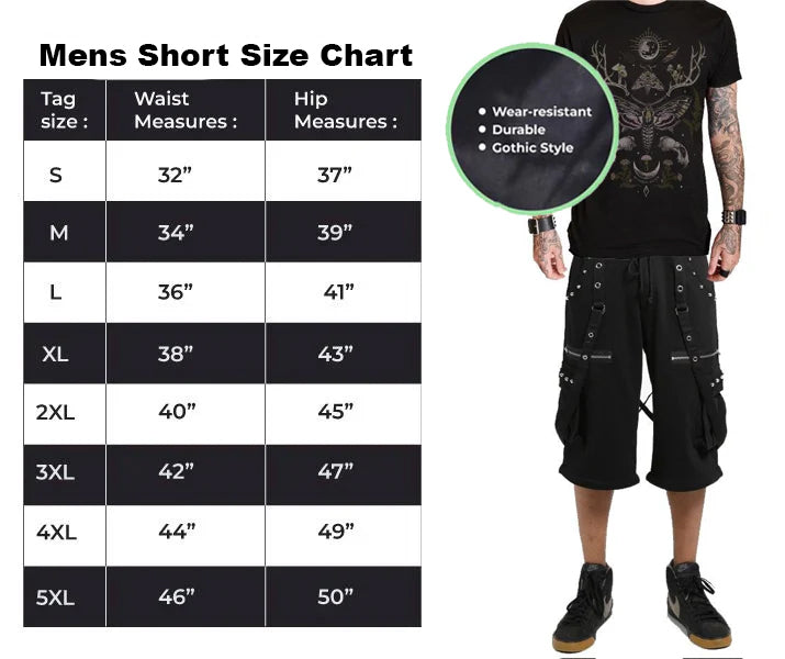 Men's Black Gothic Punk Shorts W/Straps Fleece Trip Shorts