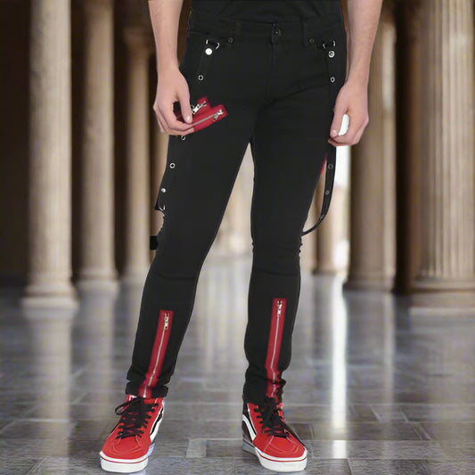 Men's Denim Red Zipper Stinger Jeans with Grommet Suspenders
