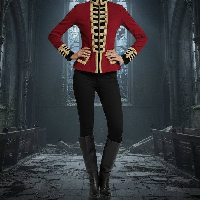 New Women's Red Wool French Terry Officer's Military Band Jacket
