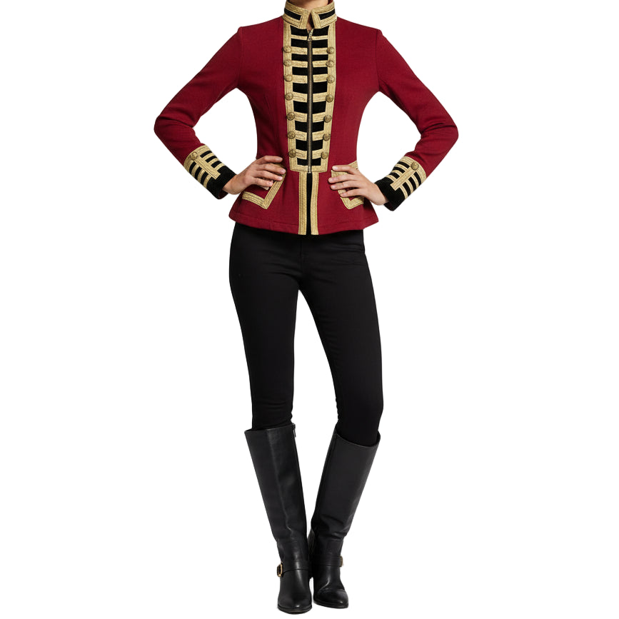 New Women's Red Wool French Terry Officer's Military Band Jacket