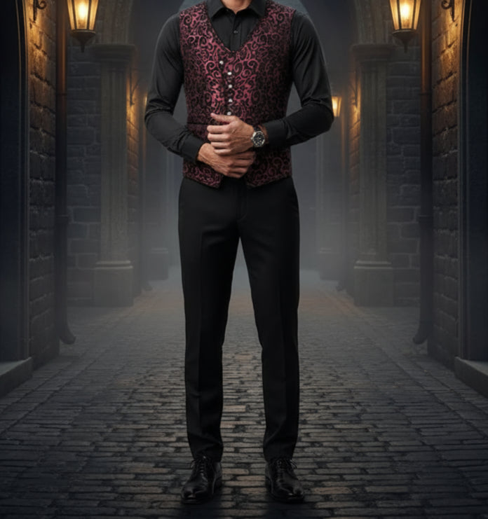 Men's Gothic Waistcoat Vest Red Paisley Velvet Steampunk Regency/Victorian Suit Vest Steampunk