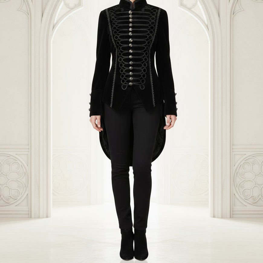 Women's Handmade Black Velvet Gothic Victorian Steampunk Gothic Long Coat