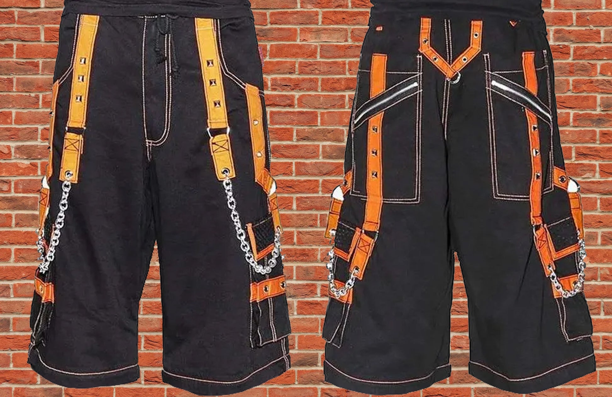 Men Extreme Bondage Skater Black/Orange Gothic Punk Rocker Cyber Goth Steam punk Biker Short