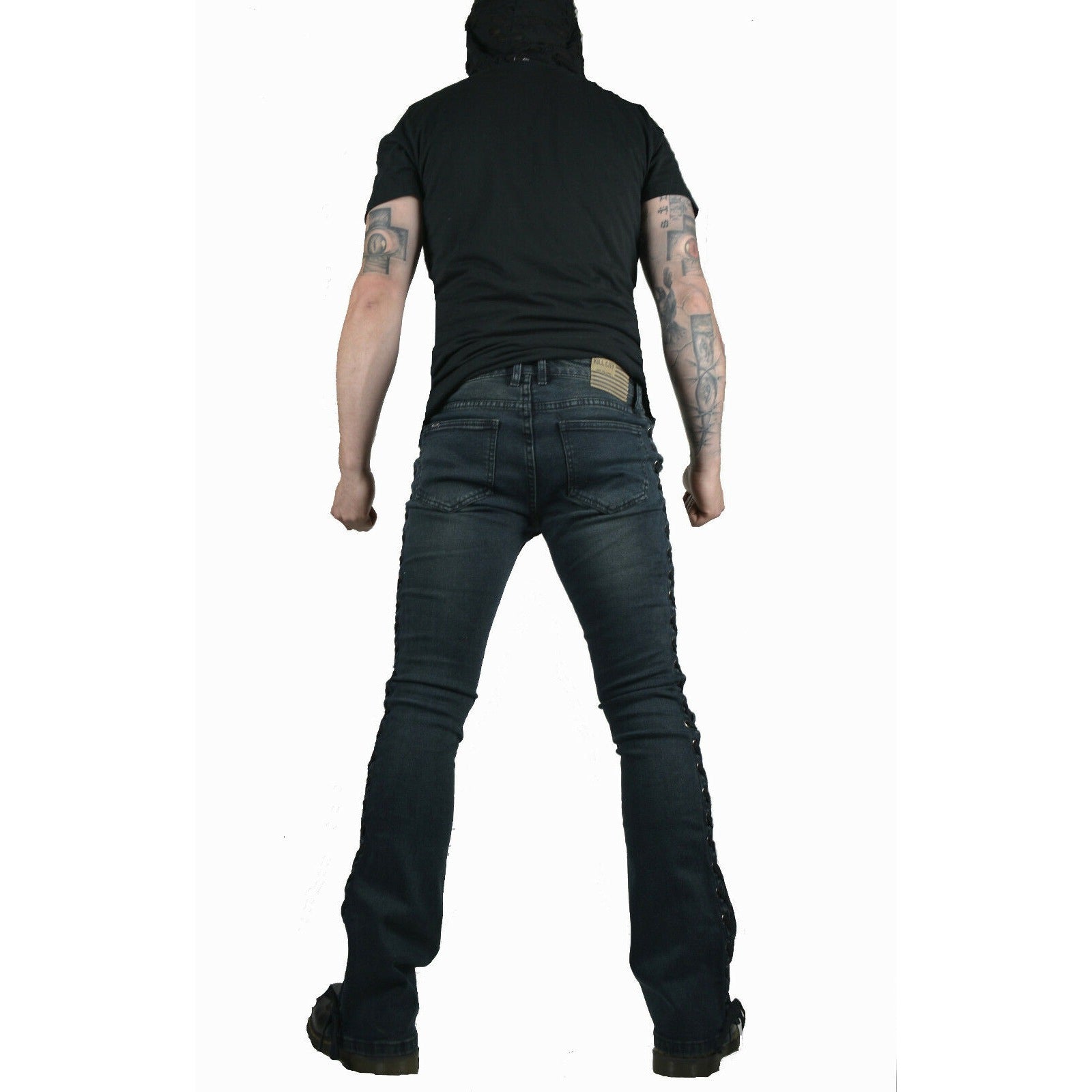 Dark Rock Lace Up Rocker Fit Riff Boot Cut Gothic Punk Stage Jeans Pants Biker