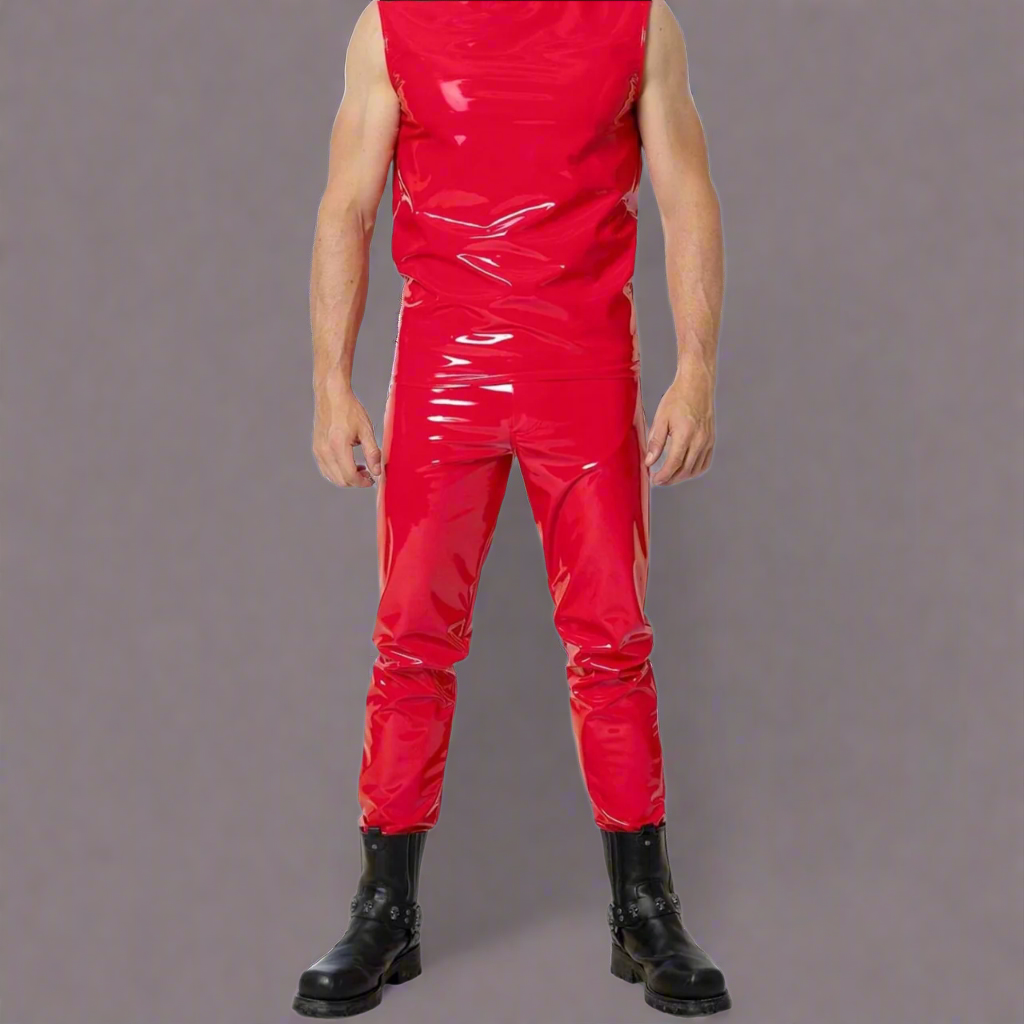 GOTHIC MEN RED BONE FIT PVC VINYL GLOSS FETISH ROCKER SKINNY JEANS PANTS