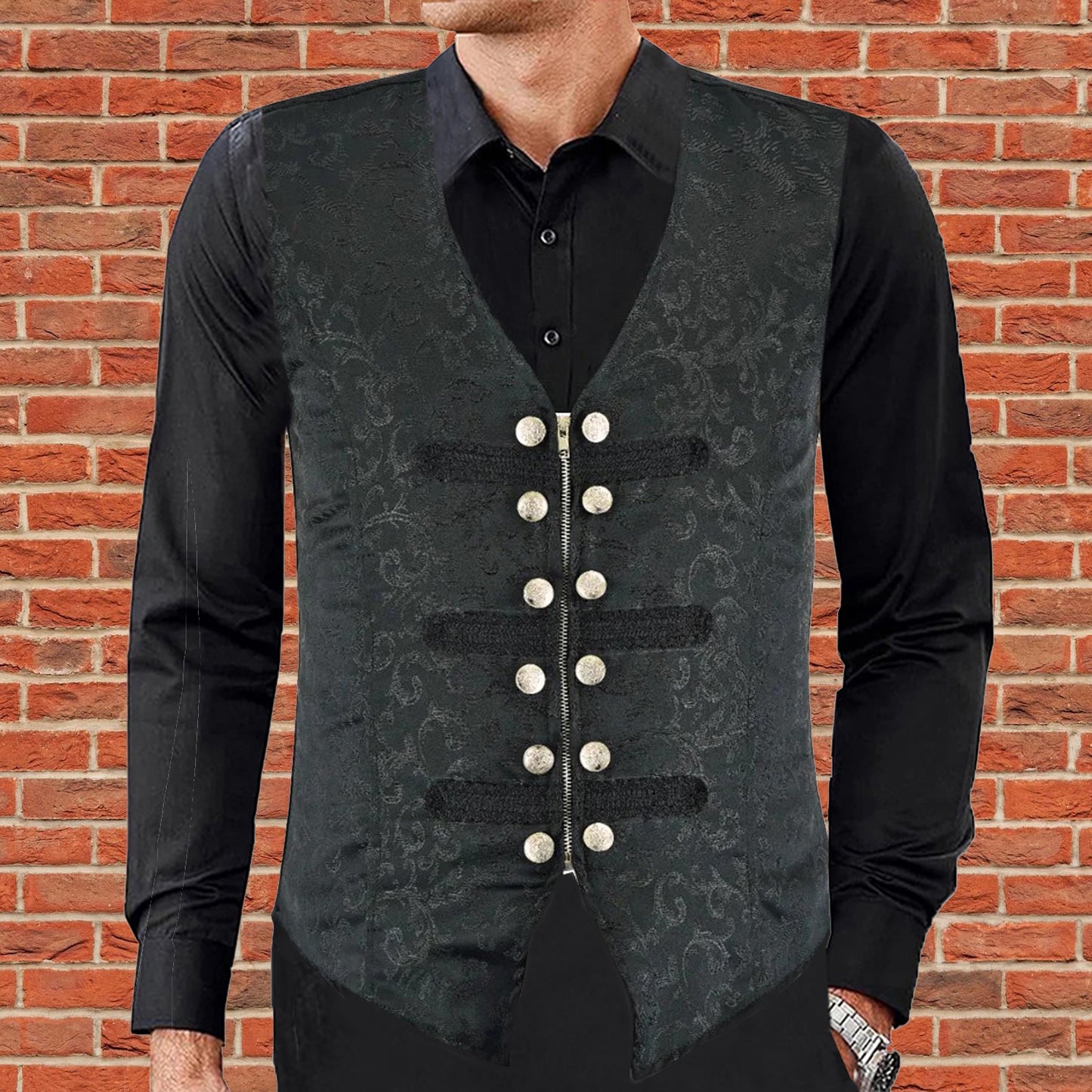 MEN'S BLACK BROCADE TAILORED VICTORIAN SINGLE BREASTED WAIST COAT VEST USA