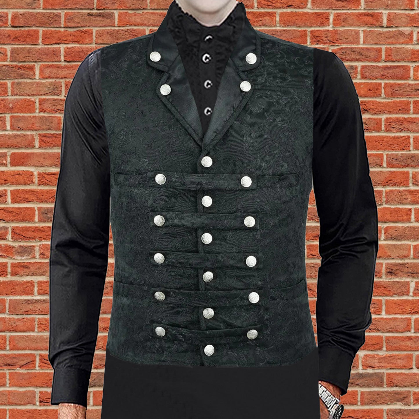 Men's Victorian Steampunk Captain Black Brocade Waistcoat Gentleman Vest