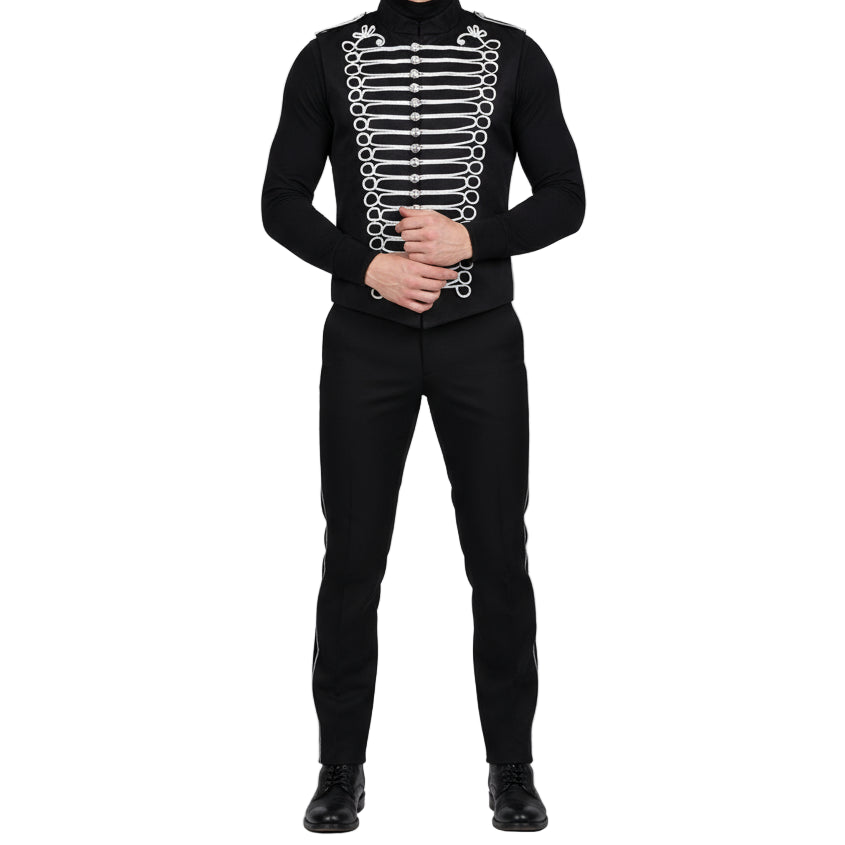 Men's Military Hussar Sleeveless Black Vest Black & Silver Jacket Usa