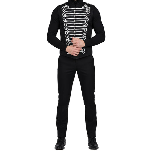 Men's Military Hussar Sleeveless Black Vest Black & Silver Jacket Usa