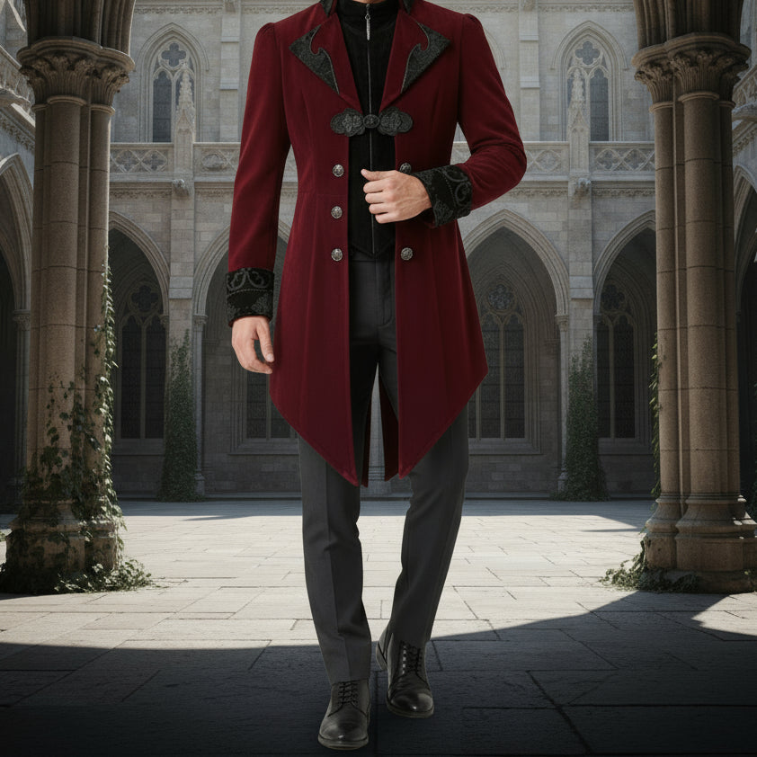Men's Jacket Coat Red Maroon Velvet Gothic Steampunk Aristocrat