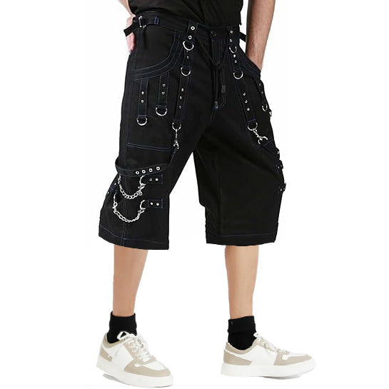 Men Handmade Gothic Bondage Trouser Blue Thread Cyber Punk Shorts Metal Studs Shorts Gothic
