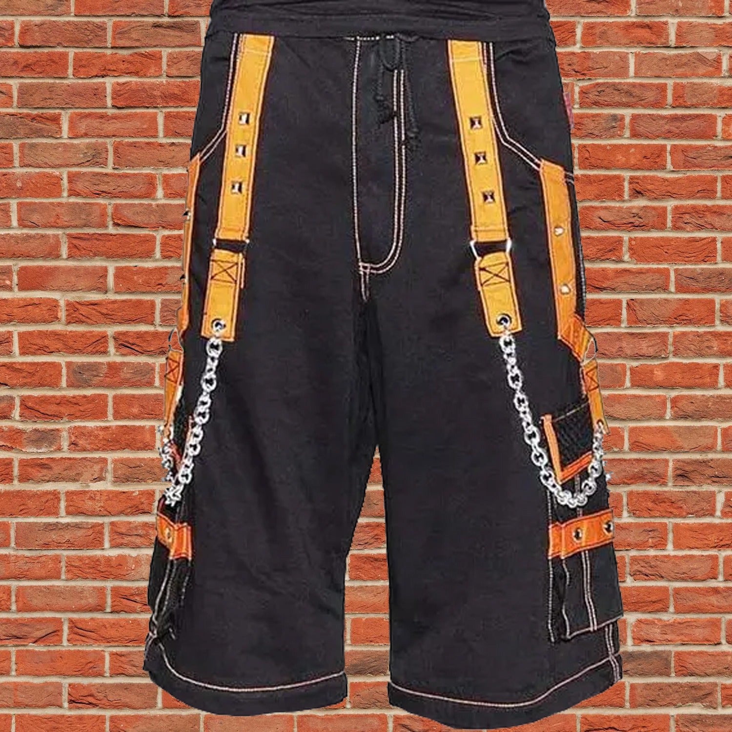 Men Extreme Bondage Skater Black/Orange Gothic Punk Rocker Cyber Goth Steam punk Biker Short