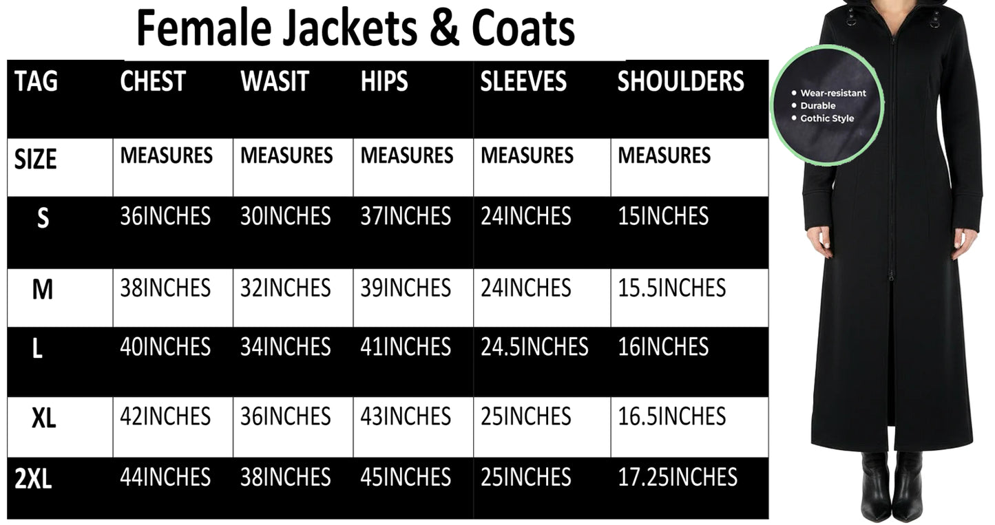 Women's Black Fleece Long Zip Up Hooded Raven Steampunk Coat/Jacket with Pockets