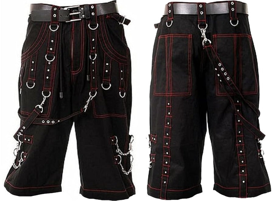 Men Gothic Handmade Bondage Cyber Red Thread Shorts Metal Studs /USA