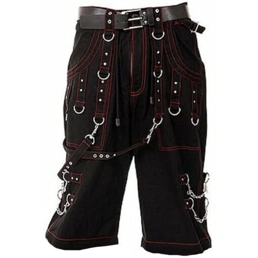 Men Gothic Handmade Bondage Cyber Red Thread Shorts Metal Studs /USA