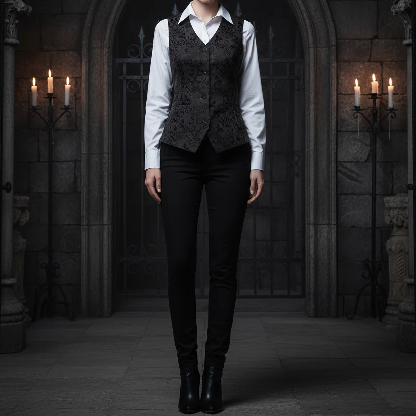 Women's Black Brocade Waistcoat Vest Vintage Steampunk Dress Jacquard Jacket