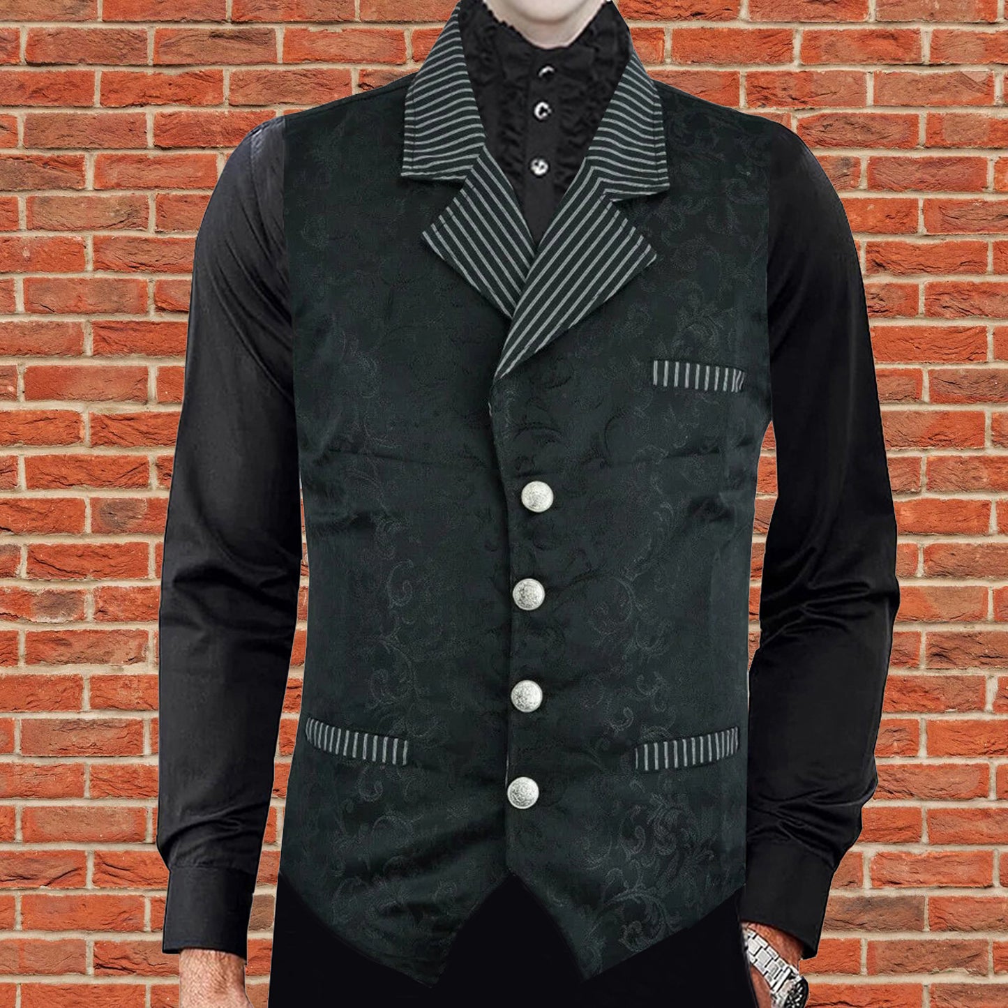 Men's Victorian Steampunk Captain Black Brocade Waistcoat Gentleman Vest
