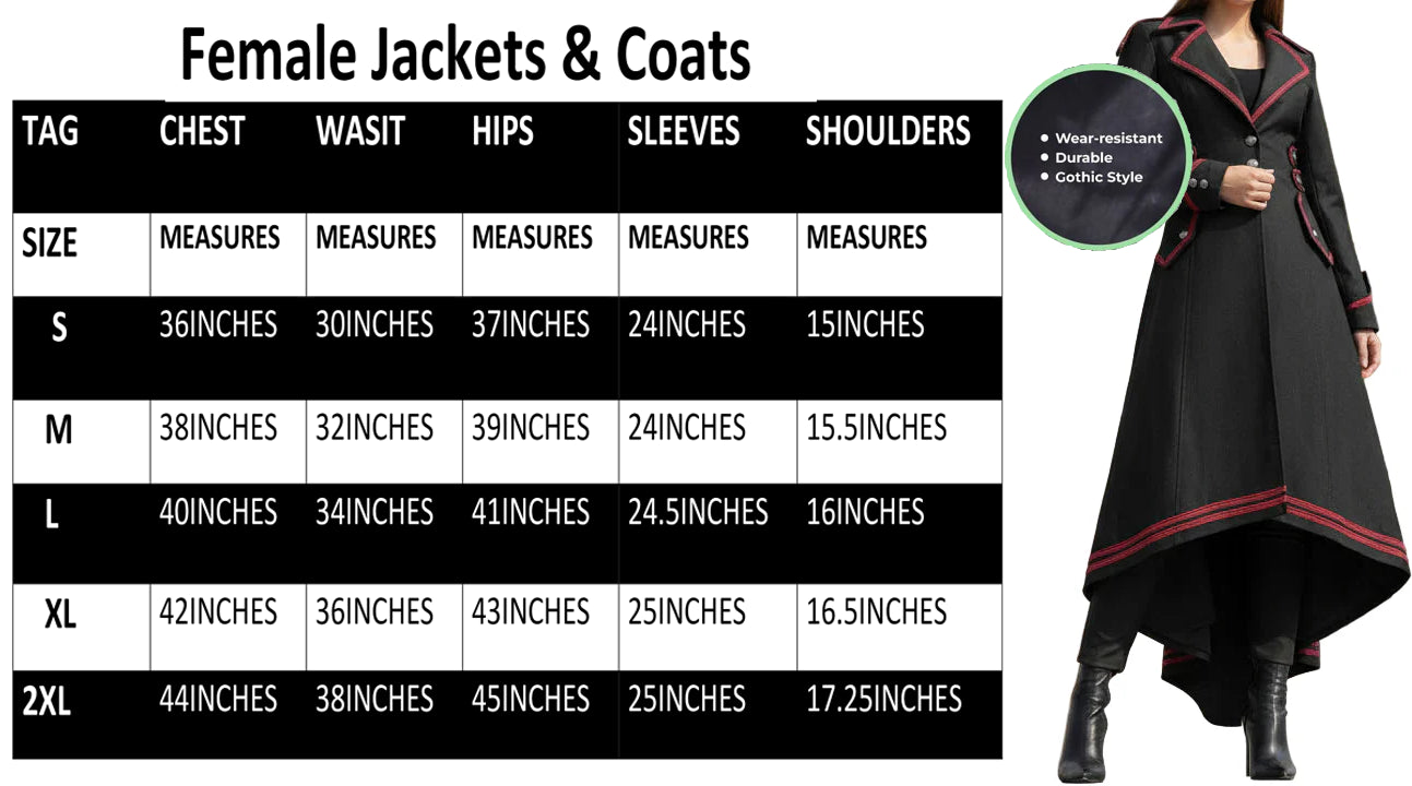 Women's Steampunk Military Coat Jacket Long Black Red Gothic Uniform