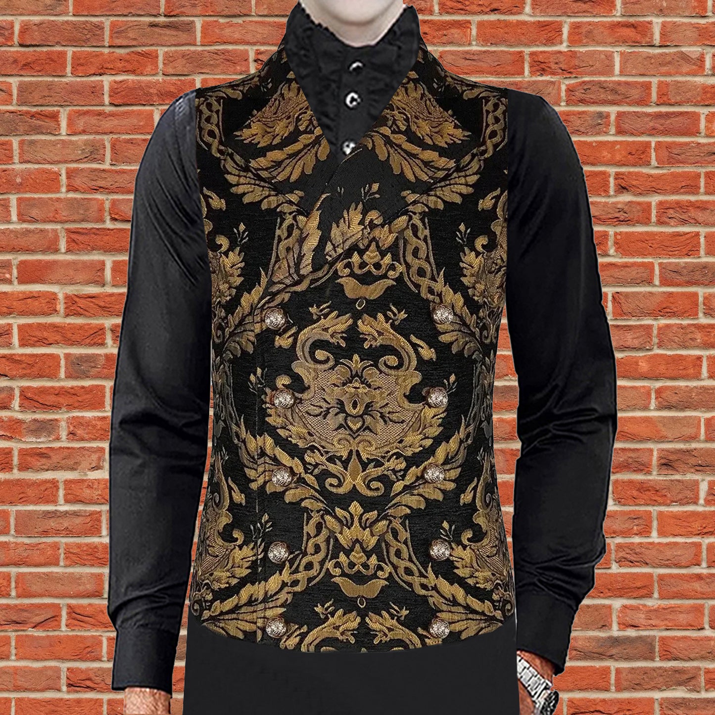 Prime Quality Men's Handmade Gold Black Victorian Cavalier Waistcoat Vest