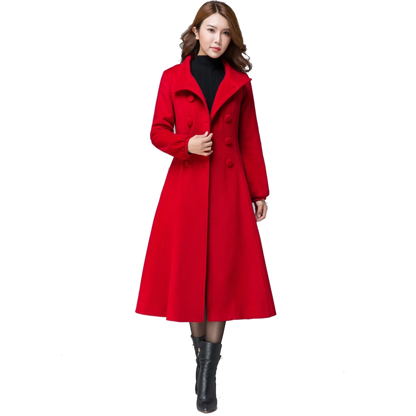 Women's Winter Warm Red Wool Long Fit And Flare Coat