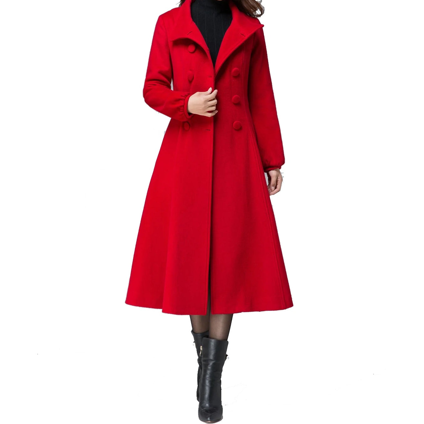 Women's Winter Warm Red Wool Long Fit And Flare Coat