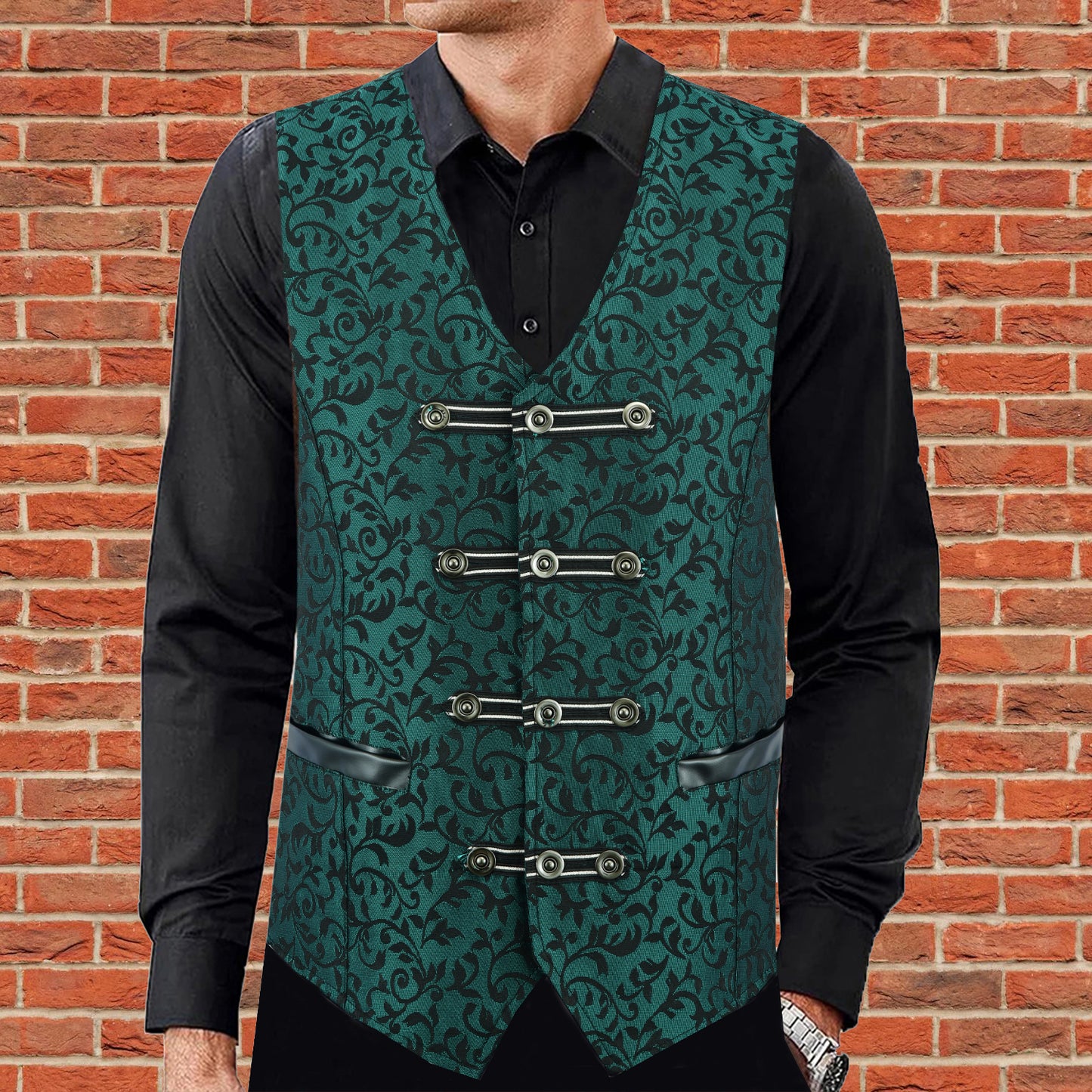 Premium Men's Vest Waistcoat Green Damask Velvet Goth Steampunk VTG/Brocade Vest