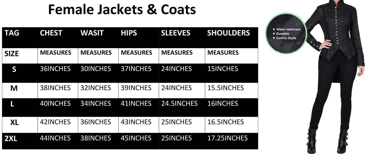 Women's Handmade Black Brocade Gothic Victorian Steampunk Gothic Long Coat/Black Coat