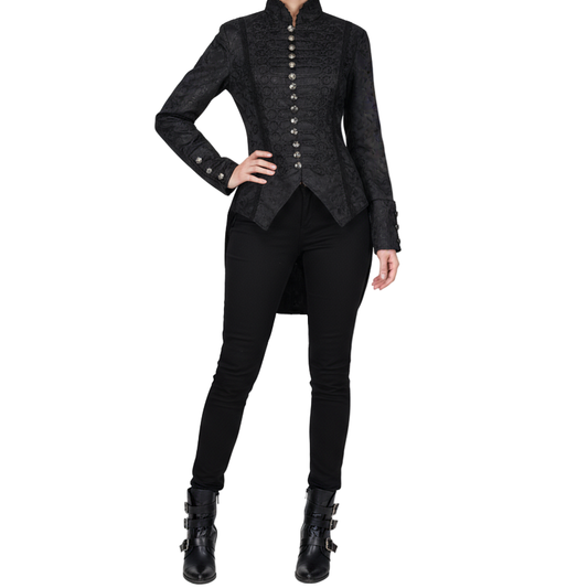 Women's Handmade Black Brocade Gothic Victorian Steampunk Gothic Long Coat/Black Coat