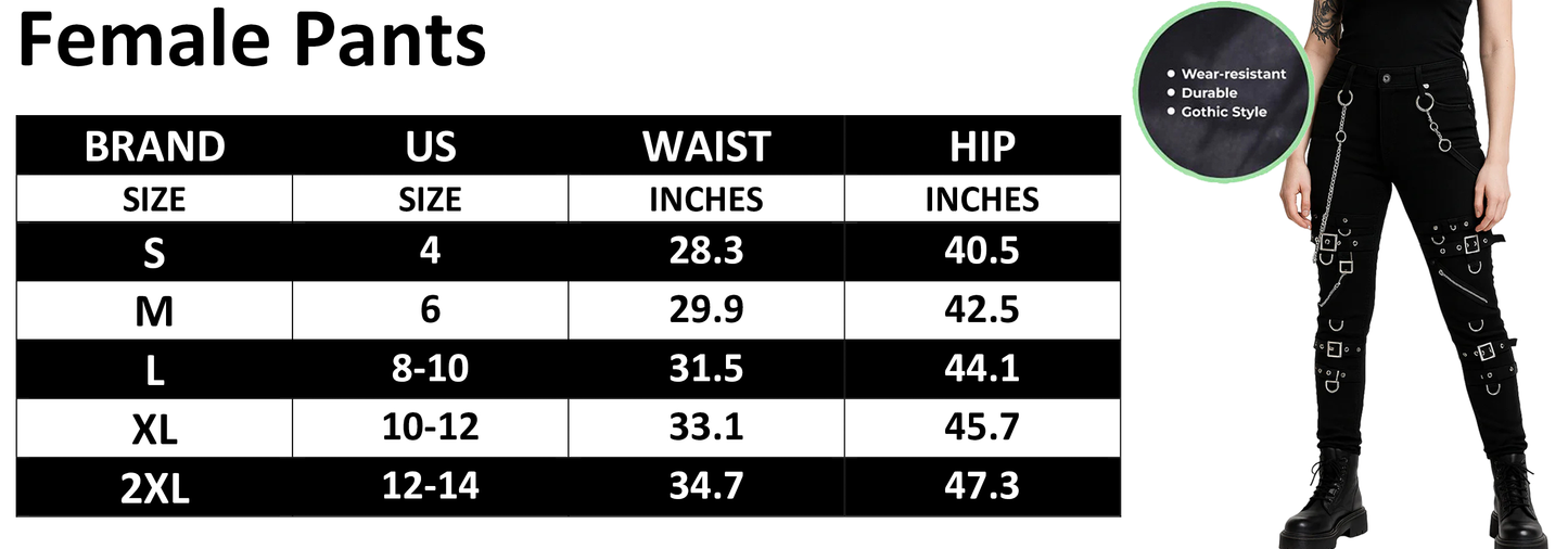 Women Gothic Bondage Rock Black Punk Buckle Zips Chain Strap Trouser/Tripp Pants