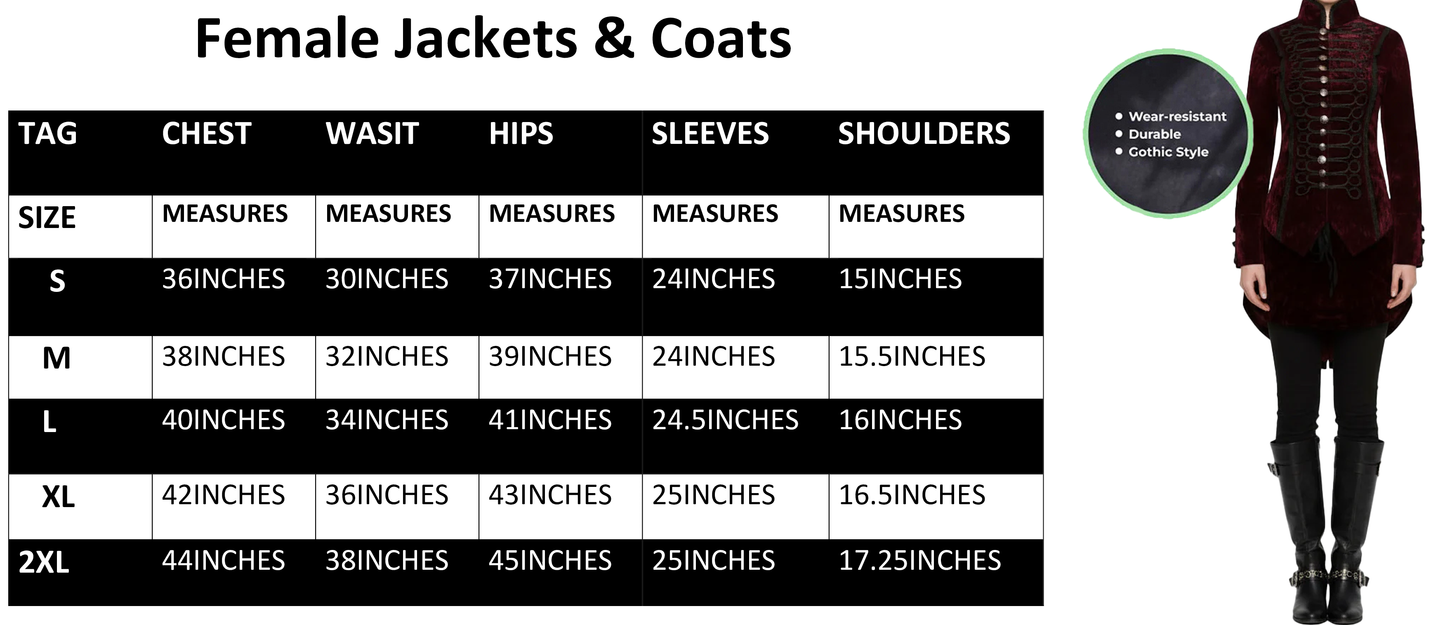 Women's Handmade Maroon Velvet Gothic Steampunk Gothic Long Coat