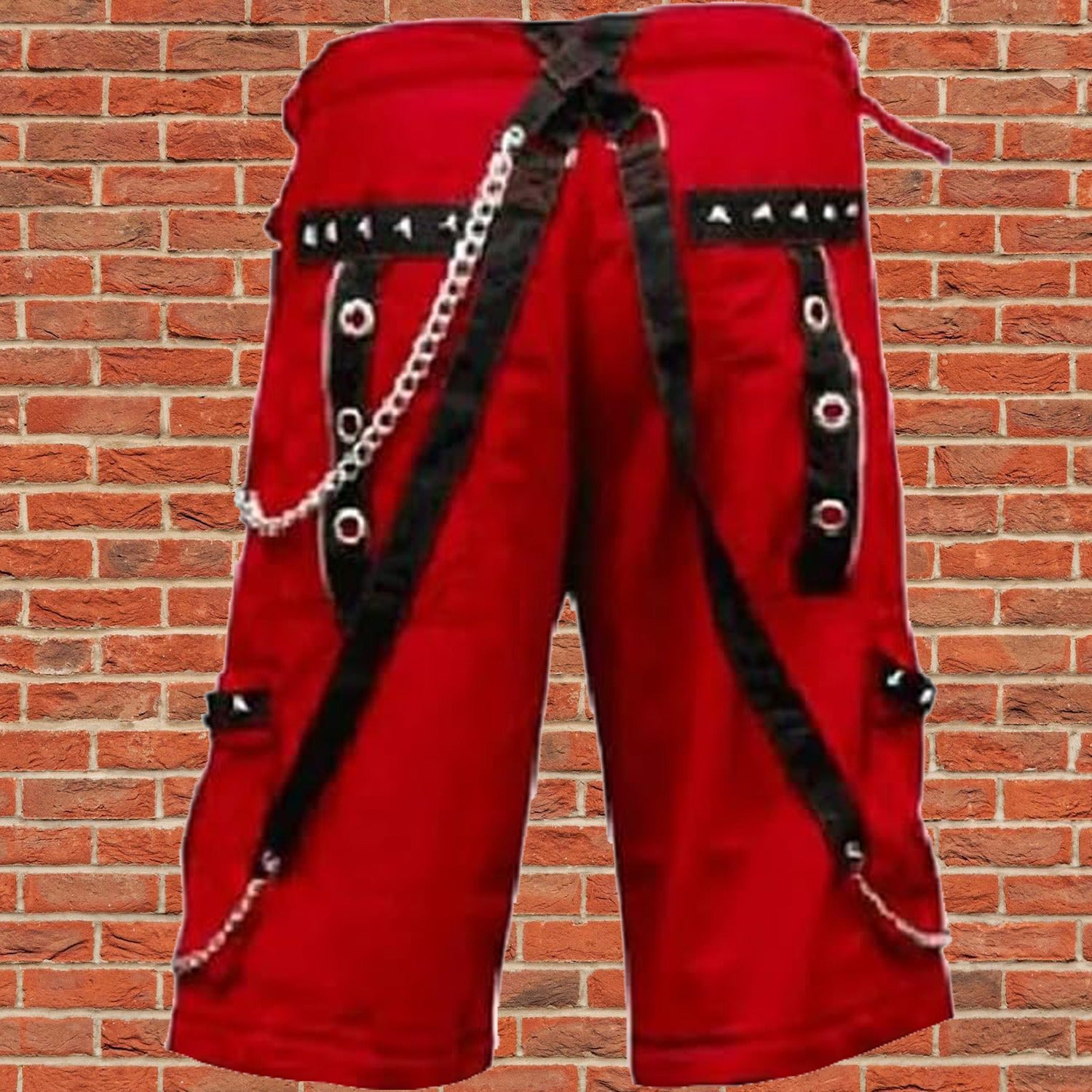 Gothic Men's Gothic Handmade Red Shorts Red Threads Black Straps Punk Rock Metal Chain Cyber/USA