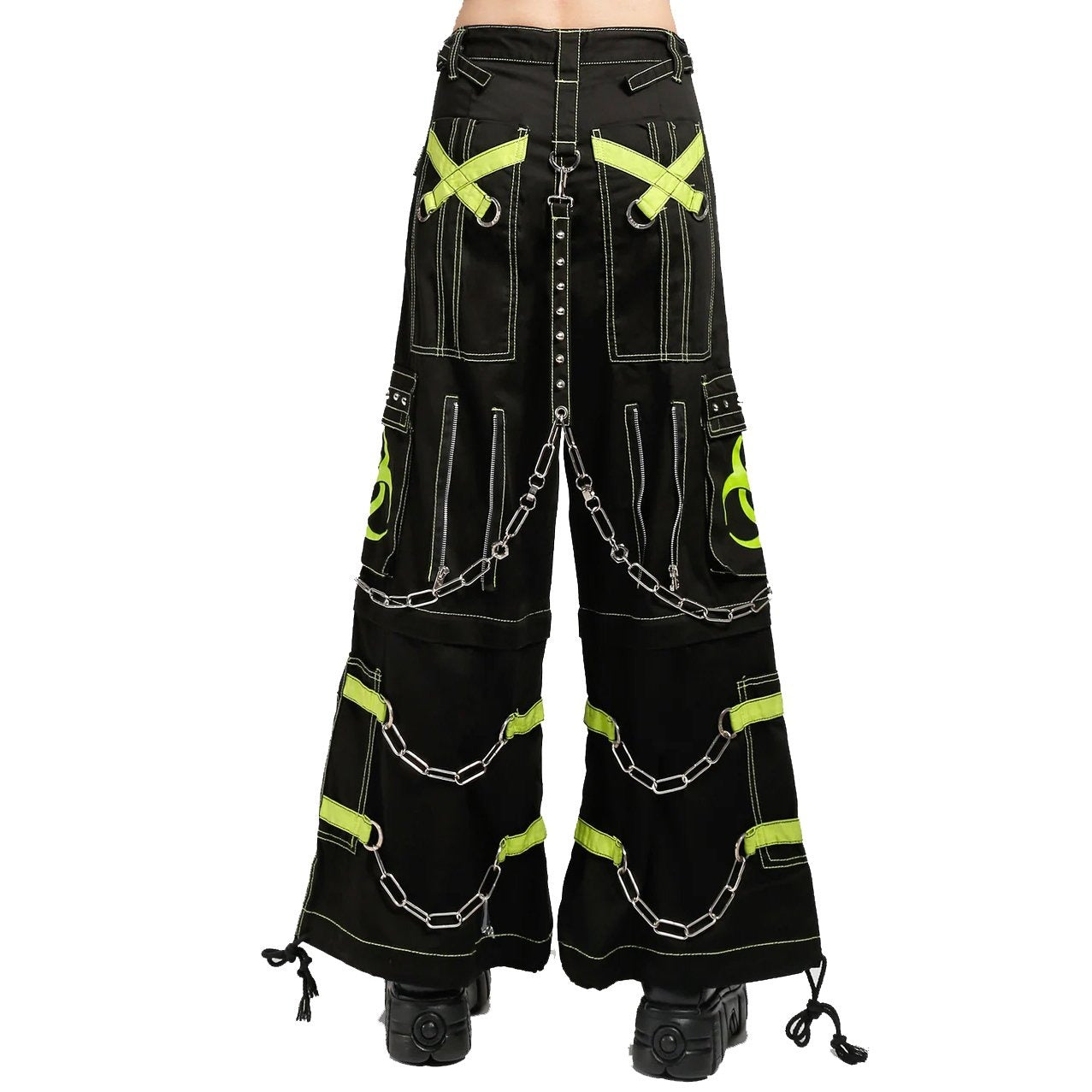 Womens Gothic Black Lime Bondage Reflective Biohazard Symbol Pant