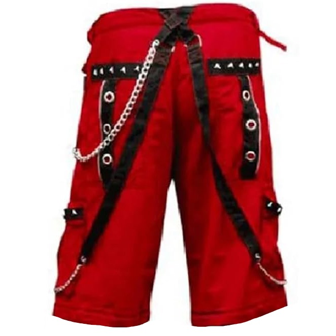 Gothic Men's Gothic Handmade Red Shorts Red Threads Black Straps Punk Rock Metal Chain Cyber/USA