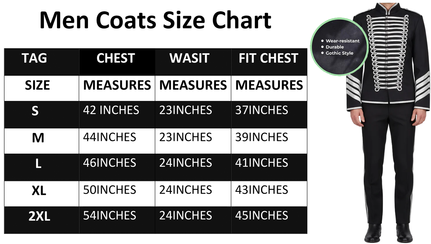 Prime Quality Handmade Men's Gothic Military Hussar Jacket Black Silver/USA