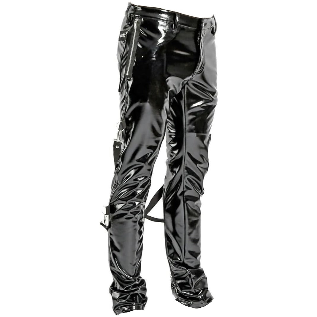 SKINNY JEANS BLACK GOTHIC SUPREME CHAOS VINYL PUNK REBEL PANTS WITH STRAP