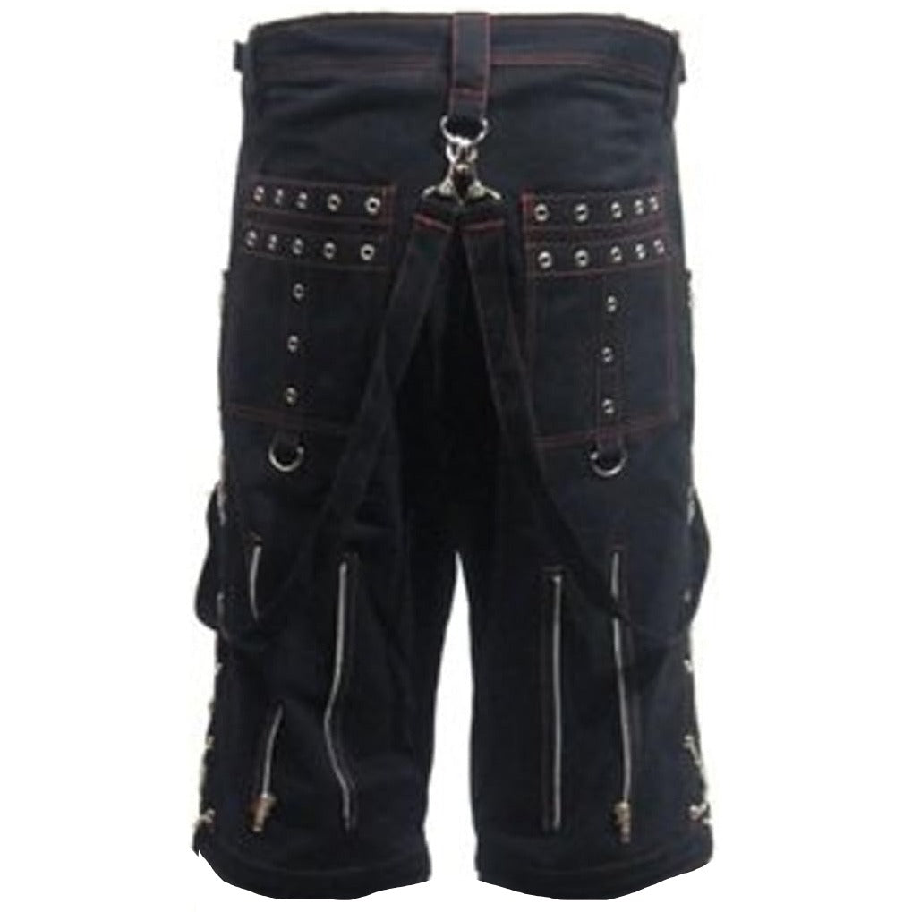 Men's Metal Eyelet Studded Chains Zips Red Stitching Baggy Skater Shorts Emo