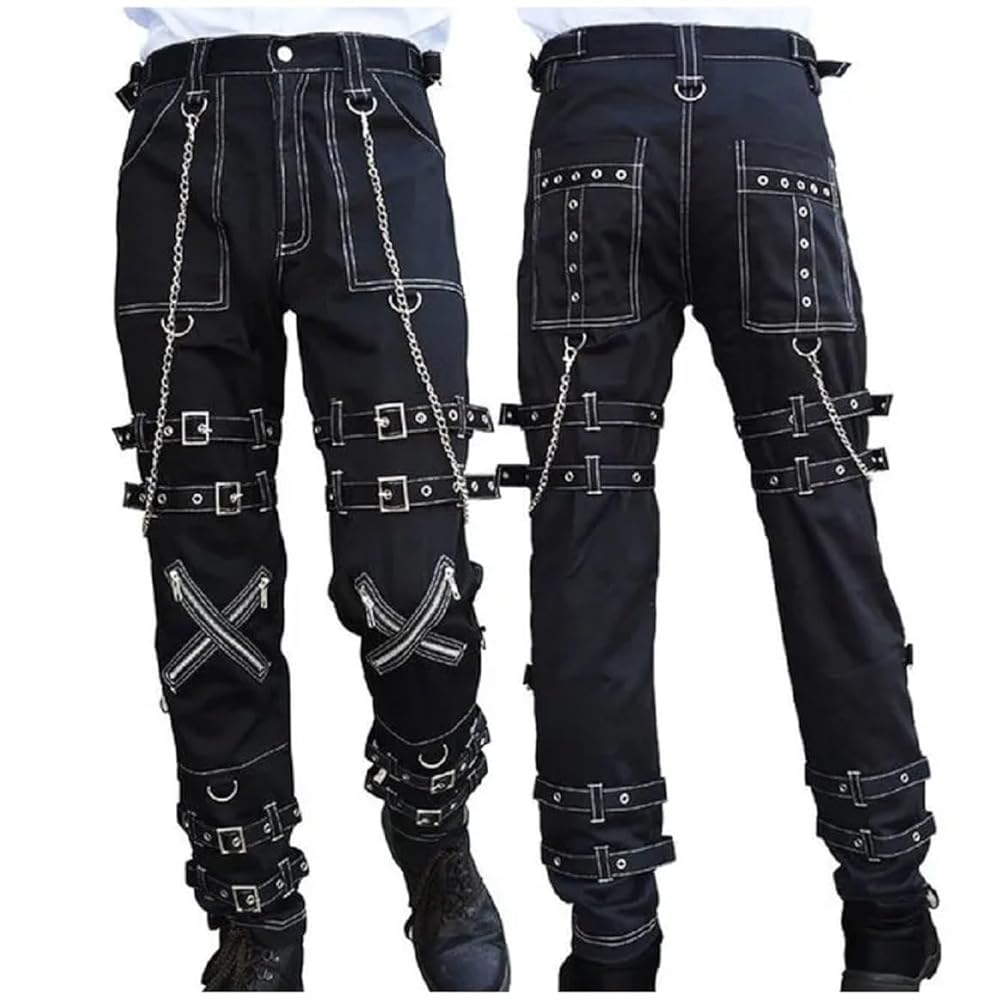 Prime Quality Handmade Gothic Pant White Threads Buckles Zips Chains Straps Cyber Punk Trousers Pants/USA