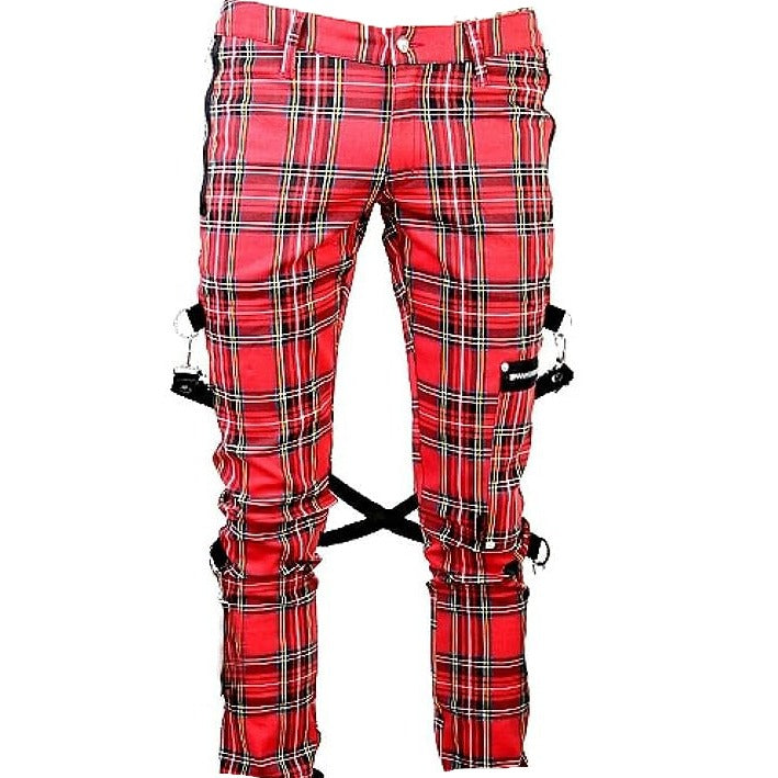 Gothic Bondage Red Plaid Men Pant Alternative Punk Rebel Rock Emo Trouser Pant