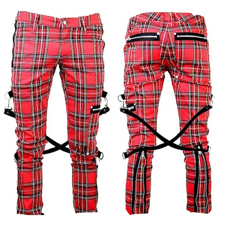 Gothic Bondage Red Plaid Men Pant Alternative Punk Rebel Rock Emo Trouser Pant