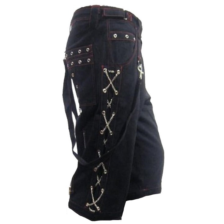 Men's Metal Eyelet Studded Chains Zips Red Stitching Baggy Skater Shorts Emo