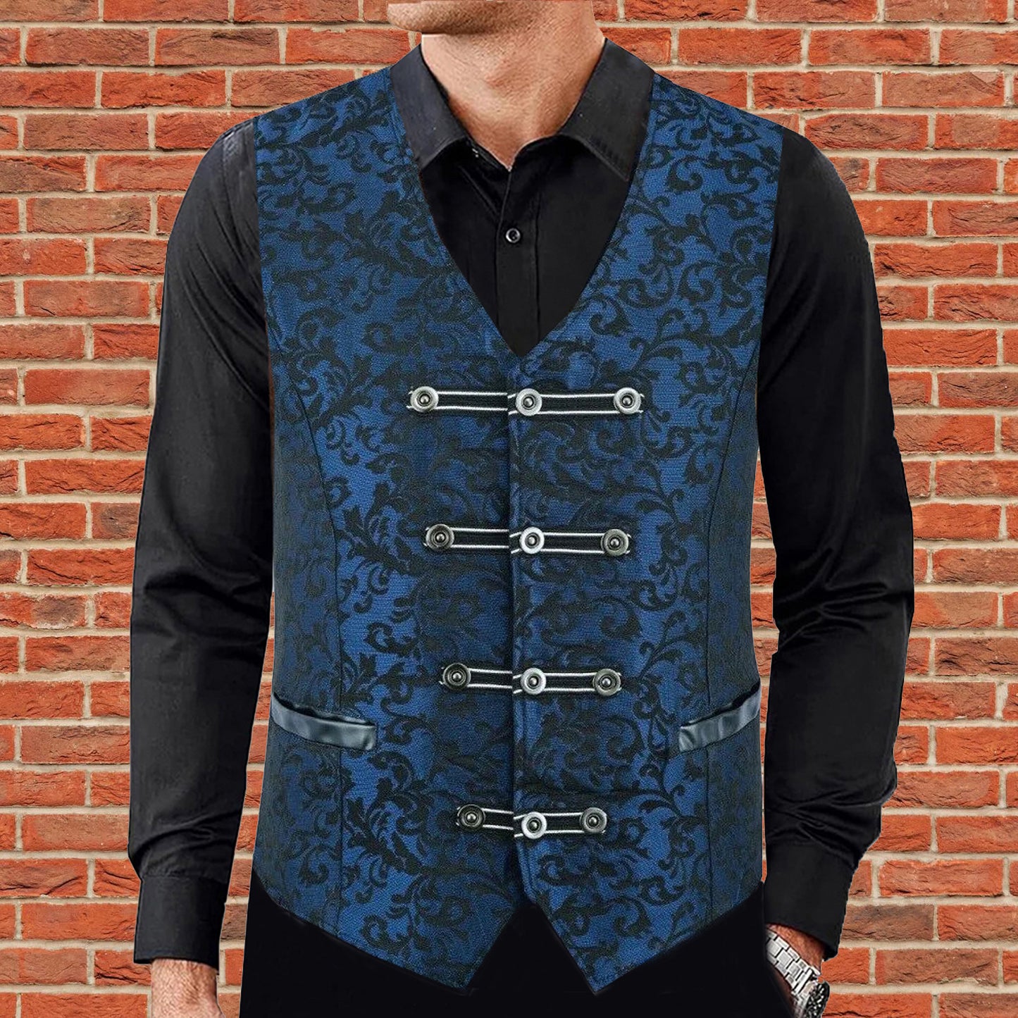 Premium Men's Vest Waistcoat Blue Damask Velvet Goth Steampunk VTG/Brocade Vest