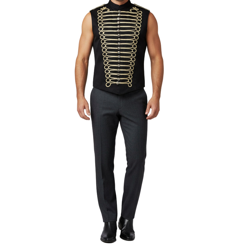 Prime Quality Handmade Men's Military Hussar Sleeveless Black Vest Black Gold Jacket