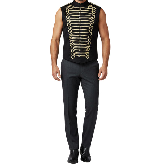 Prime Quality Handmade Men's Military Hussar Sleeveless Black Vest Black Gold Jacket
