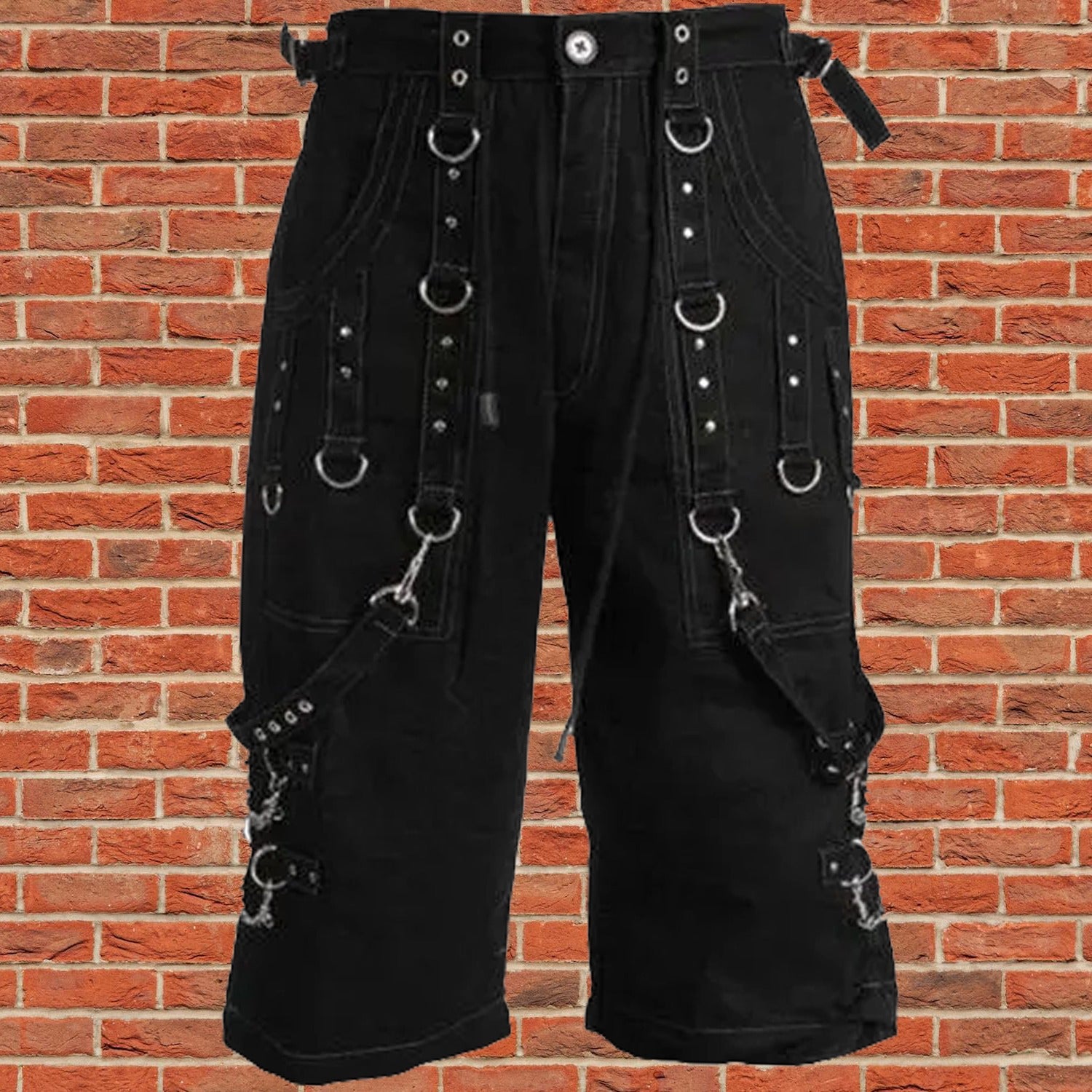 Men Handmade Gothic Bondage Grey Thread Cyber Punk Shorts Metal Studs Shorts