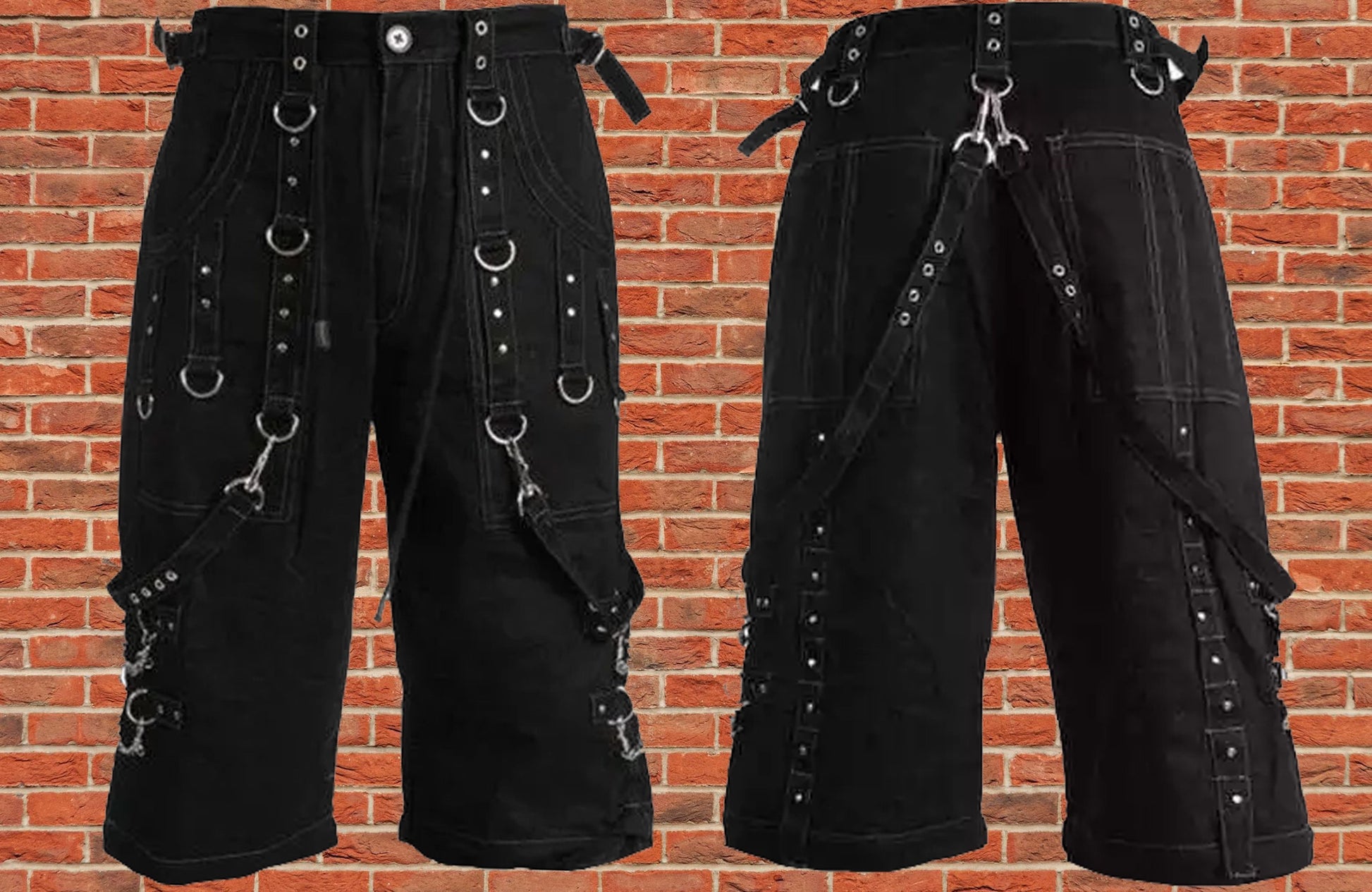 Men Handmade Gothic Bondage Grey Thread Cyber Punk Shorts Metal Studs Shorts